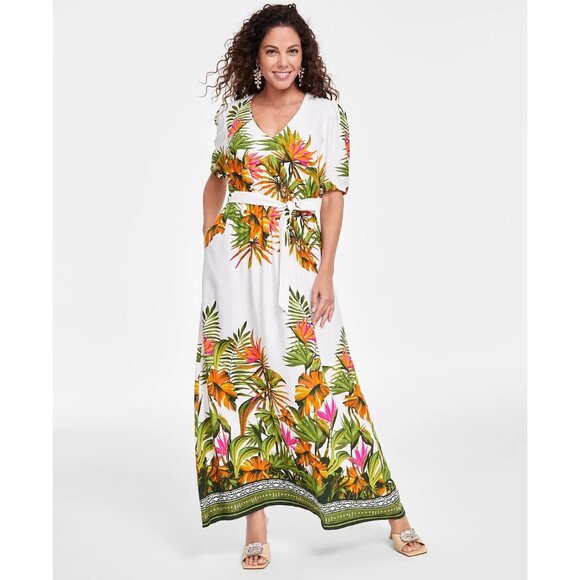 INC Maxi Dress Floral Print Linen Blend Tie Waist Pockets NWT - Picture 1 of 15